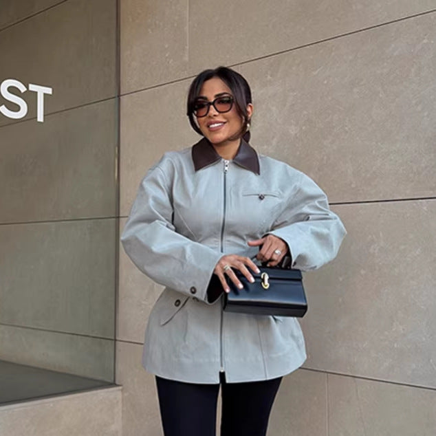 Damen Oversize-Jacke aus Lederoptik mit kontrastierendem Hemdkragen und Reißverschluss Shop Nory