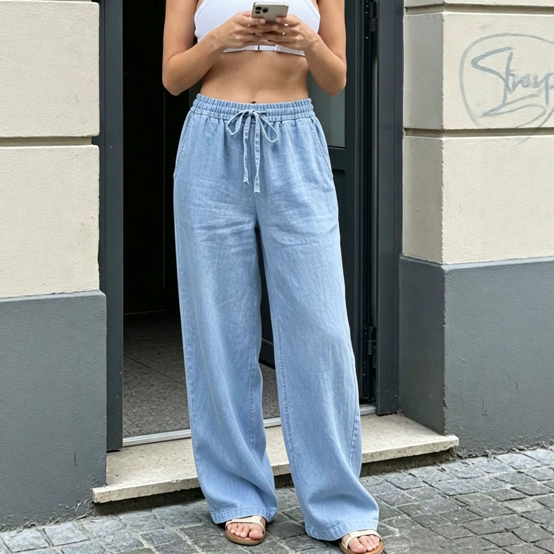 Damen Weite Leinenoptik-Hose mit Gummibund, Tunnelzug und Seitentaschen Shop Nory