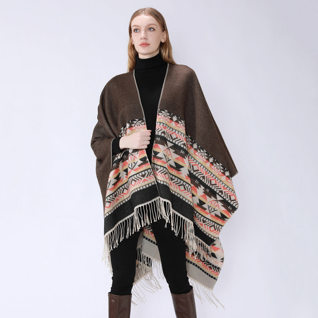 Damen V-Kragen-Überwurfponcho im Kimono-Fall mit Ethno-Bordüre und Fransensaum Shop Nory