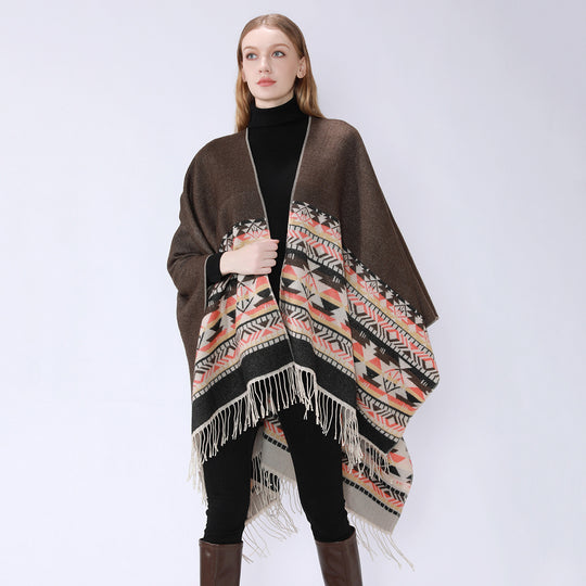Damen V-Kragen-Überwurfponcho im Kimono-Fall mit Ethno-Bordüre und Fransensaum Shop Nory