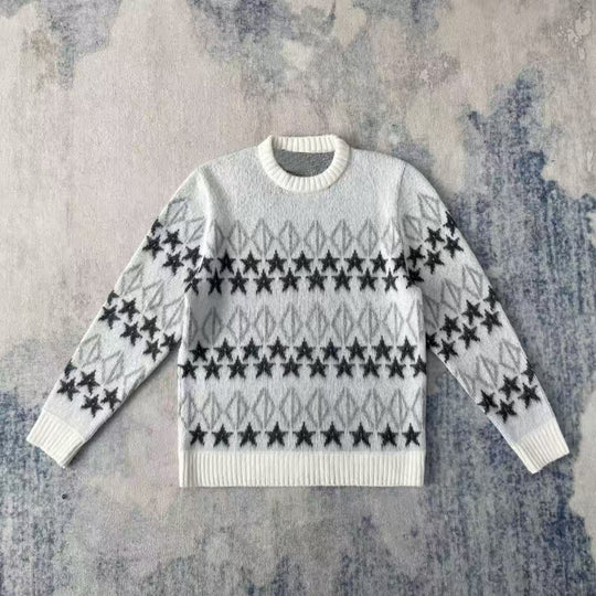 Damen nan melierter Rundhalsausschnittpullover mit kreisförmigem Jacquard-Yoke und geripptem Saum Shop Nory