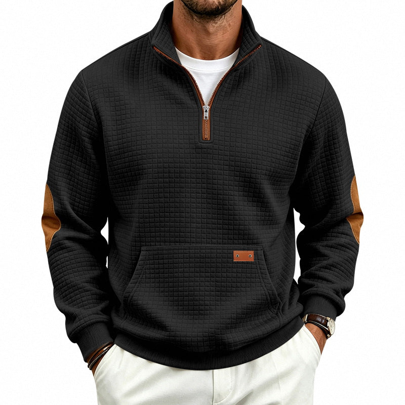 Herren Texturierter Halbzip-Sweat mit Waffelstruktur, Kängurutasche und Leder-Ellbogenbesatz Shop Nory
