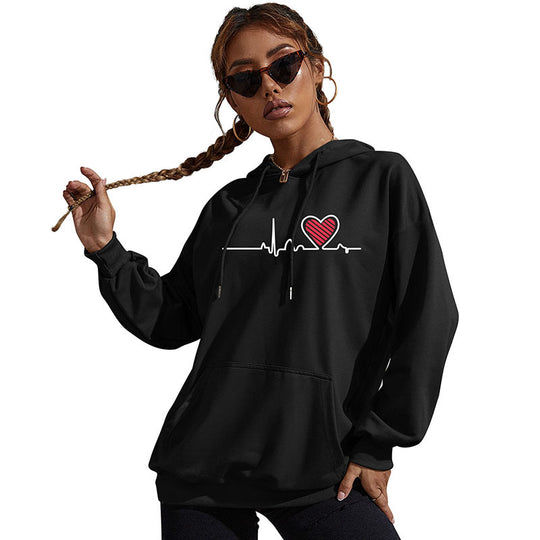 Damen Oversize-Kapuzenpullover mit Herz-EKG‑Print und Kängurutasche Shop Nory
