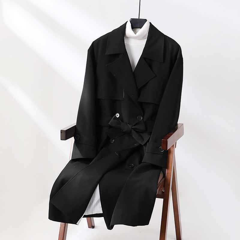 Damen Langer taillierter Trenchcoat mit weitem Schalkragen und Bindegürtel Shop Nory