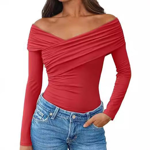 Damen Off-Shoulder Langarm-Top mit Wickeloptik und figurbetontem Stretch-Jersey Shop Nory