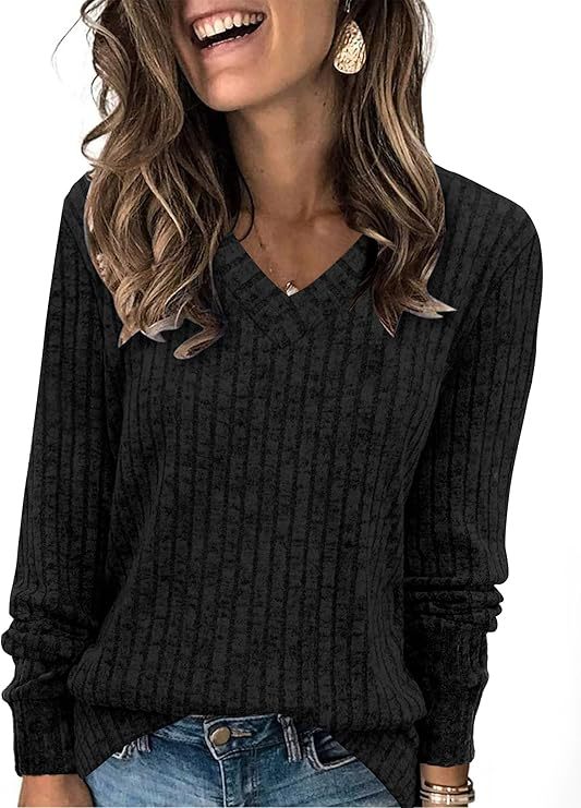 Damen Gerippter V‑Ausschnitt Feinstrickpullover mit lässiger Oversize-Passform Shop Nory