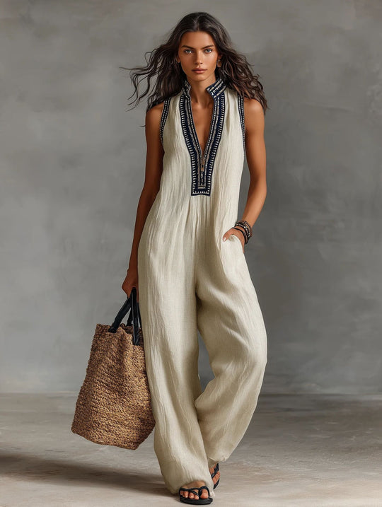 Damen luftiger Jumpsuit mit elegantem V-Ausschnitt und besticktem Kragen