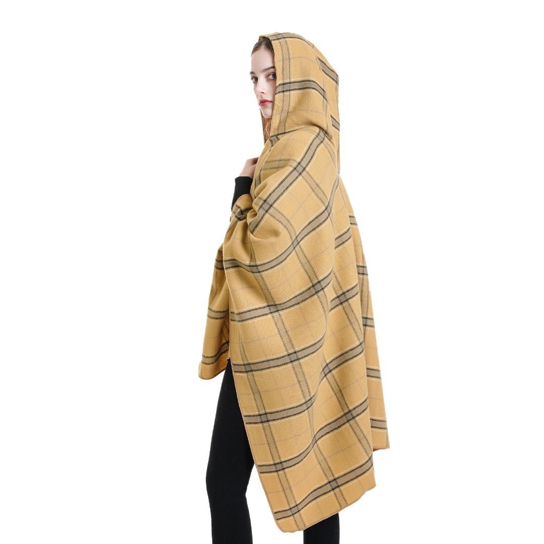 Damen Kapuzen-Poncho mit Karomuster, weichfallender Wollmix und offenem Oversize-Fall Shop Nory