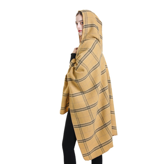 Damen Kapuzen-Poncho mit Karomuster, weichfallender Wollmix und offenem Oversize-Fall Shop Nory