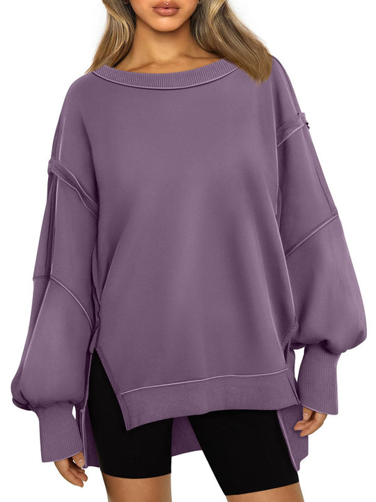 Damen Weiches Longline-Sweatshirt mit Ballonärmeln, seitlichen Schlitzen und geripptem Saum Shop Nory
