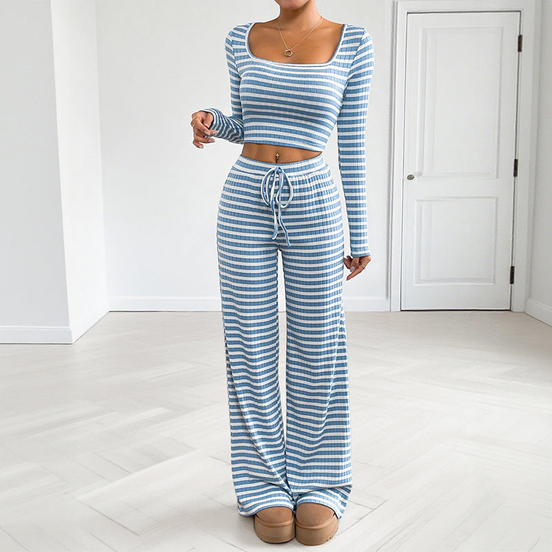 Damen Freizeitliches Zweiteiliges Set mit gestreiftem Oberteil und weitem Hose Shop Nory