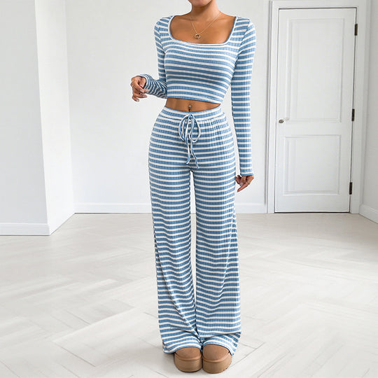 Damen Freizeitliches Zweiteiliges Set mit gestreiftem Oberteil und weitem Hose Shop Nory