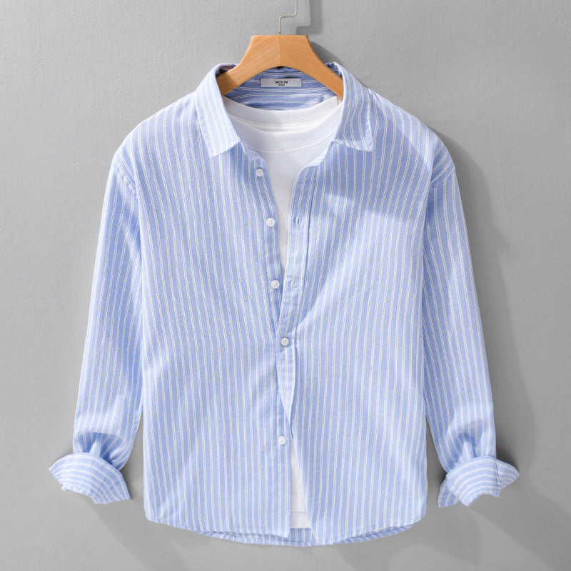Herren Lässiges Leinen-Baumwoll-Langarmhemd mit feinem Nadelstreifen, Easy‑Care Finish und abgerundetem Saum Shop Nory