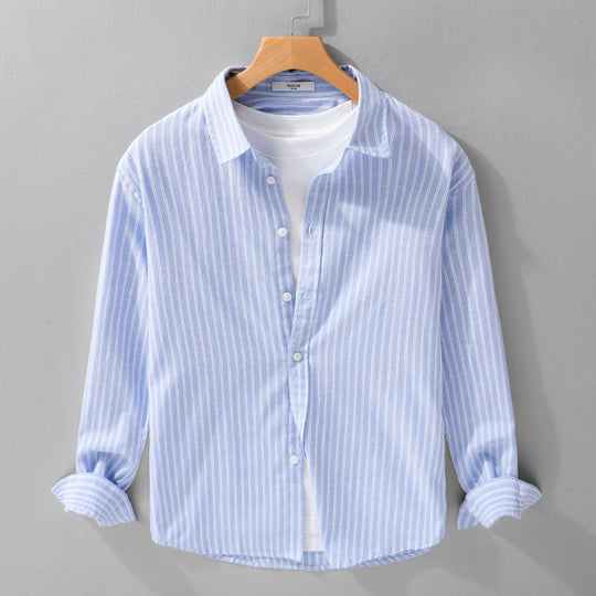 Herren Lässiges Leinen-Baumwoll-Langarmhemd mit feinem Nadelstreifen, Easy‑Care Finish und abgerundetem Saum Shop Nory