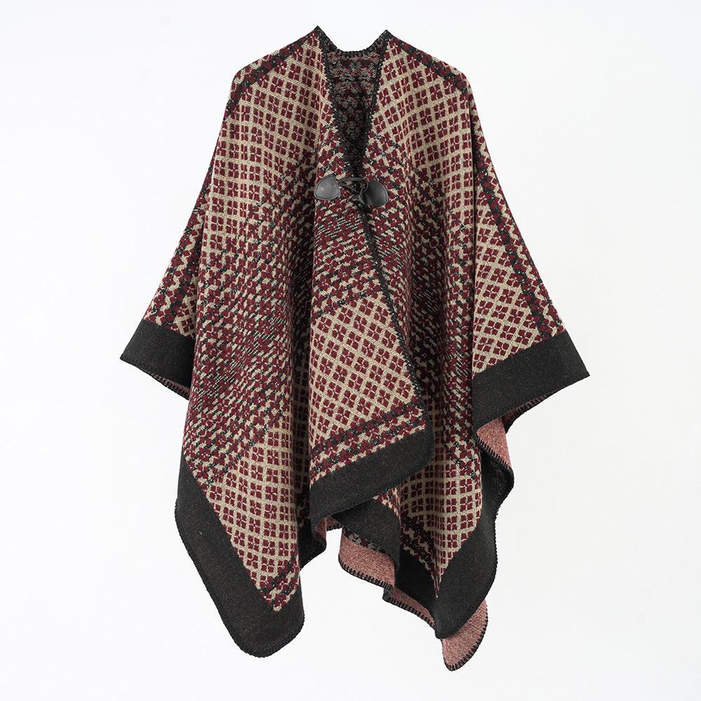 Damen Wollponcho mit geometrischem Karomuster und Knebelverschluss Shop Nory