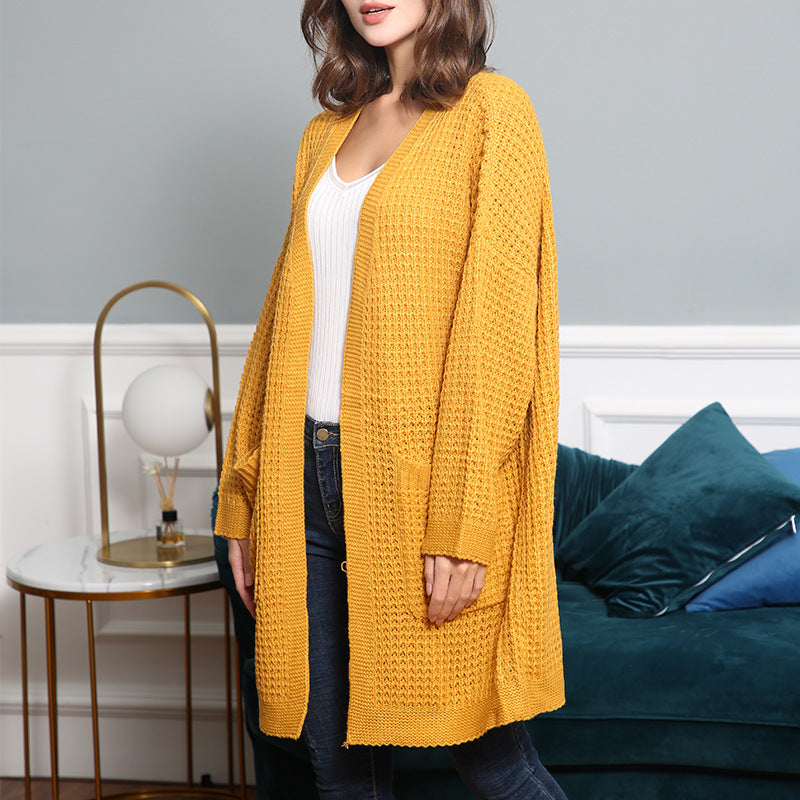 Damen Langer Oversize Strickmantel mit offener Front und aufgesetzten Taschen Shop Nory