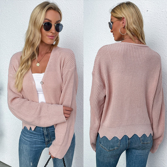 Damen Kurzgeschnittener Feinstrick-Cardigan mit V‑Ausschnitt und Wellensaum Shop Nory