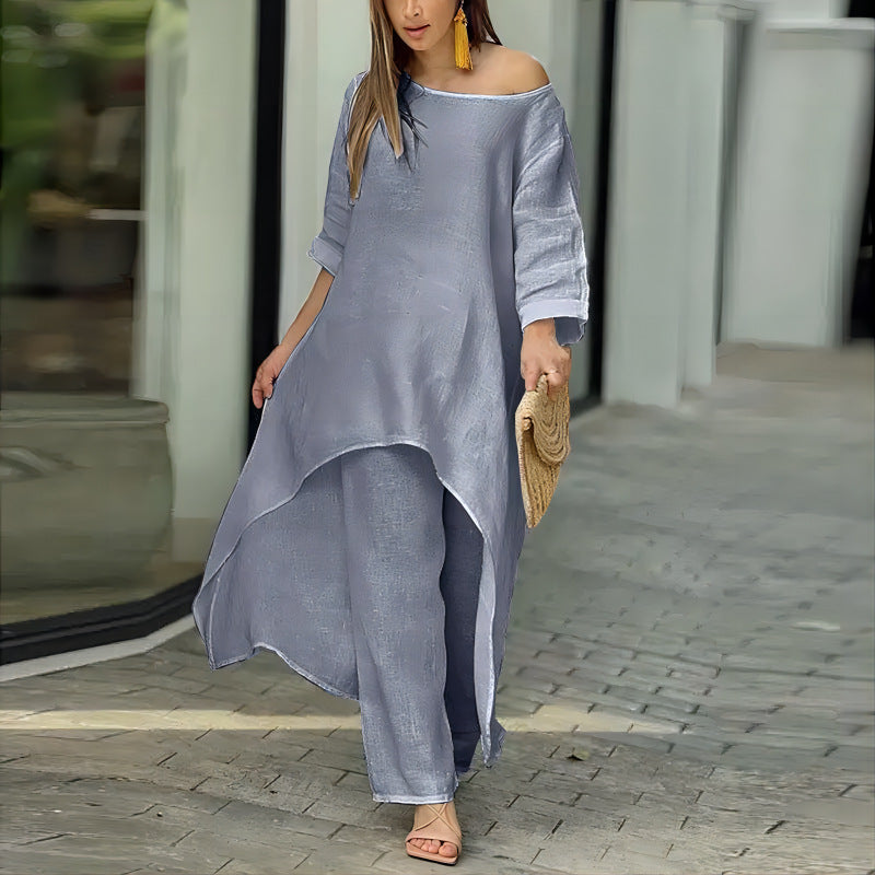 Damen luftiges Leinen‑Mix Tunika‑Set mit weitem Palazzohose Shop Nory