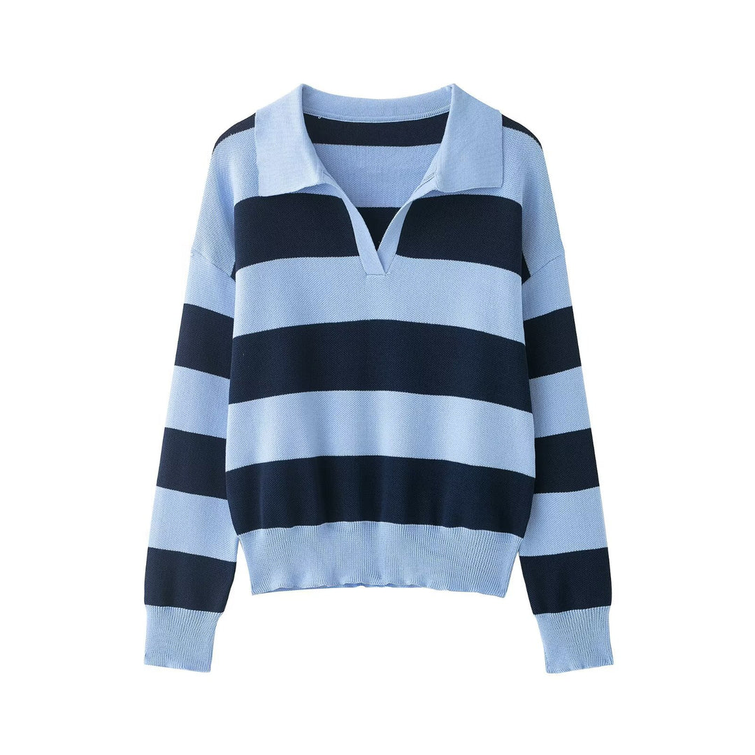 Damen Gestreifter Oversize-Rugby-Pullover mit Polokragen und V-Ausschnitt Shop Nory