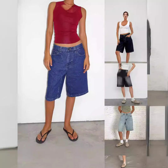 Damen lässige Denim-Shorts mit weitem Schnitt und hohen Seitentaschen