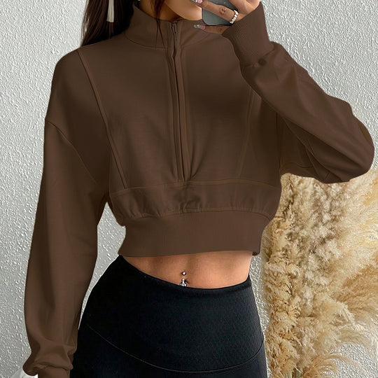 Damen kurzes Stehkragen-Sweatshirt mit halbem Reißverschluss, tailliertem Rippenbund und Daumenloch-Ärmeln Shop Nory
