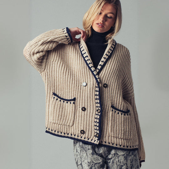 Damen Grobstrick-Cardigan mit Schalkragen, Zierstreifen & aufgesetzten Taschen Shop Nory