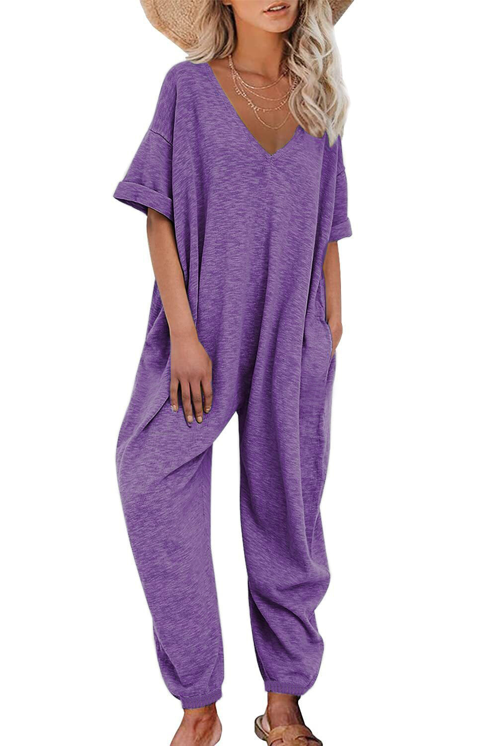Damen Oversized Jumpsuit mit tiefem V-Ausschnitt und lässigen Taschen