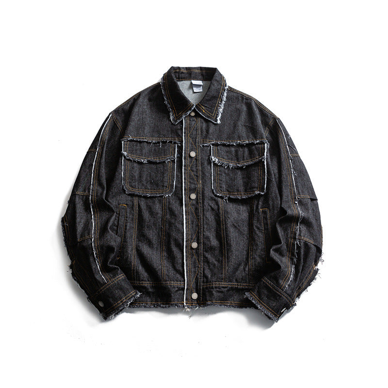 Herren Oversize Jeansjacke mit ausgefransten Kanten und großen Pattenstaschen Shop Nory