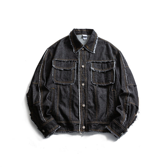 Herren Oversize Jeansjacke mit ausgefransten Kanten und großen Pattenstaschen Shop Nory