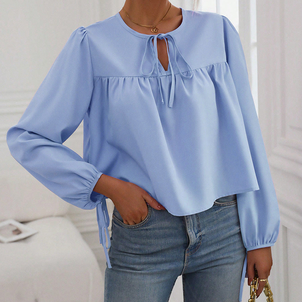 Damen lockere Bluse mit gerüschtem Einsatz, Bindeschleife am Ausschnitt und Kordelärmeln Shop Nory