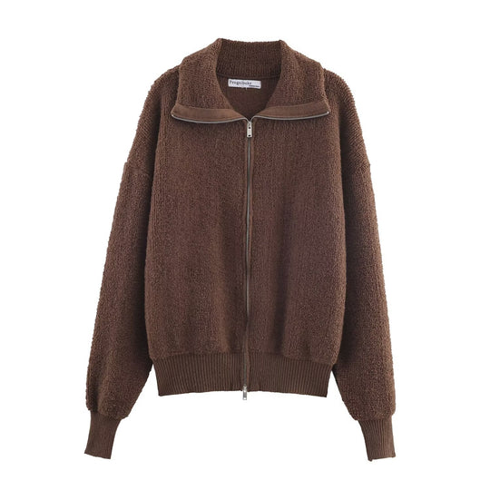 Damen Oversized Teddy-Fleece-Jacke mit Stehkragen und Rippenbund Shop Nory