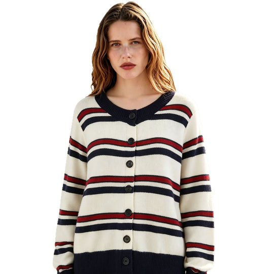 Damen Gestreifte Strickjacke mit Knopfleiste und geripptem Saum Shop Nory