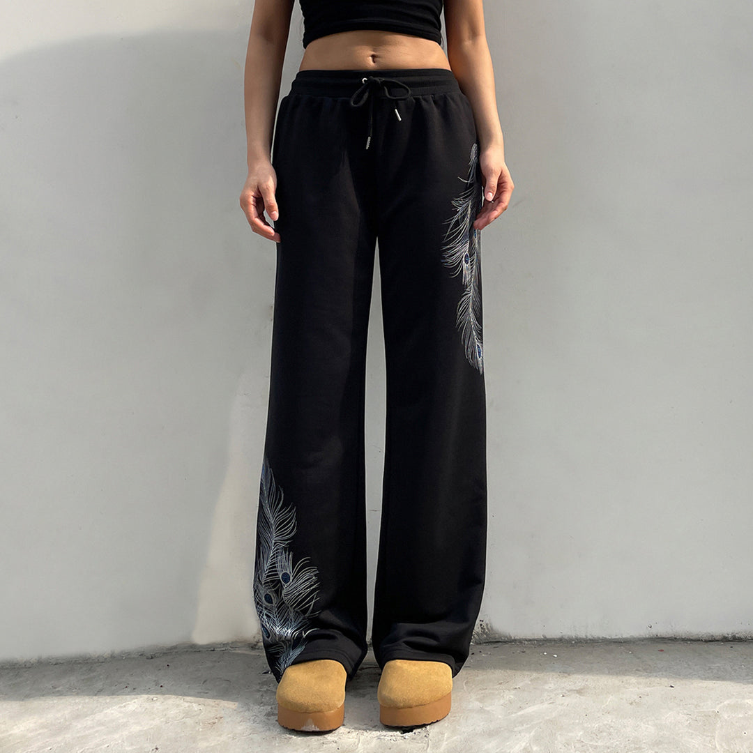 Damen nan weite Loungehose mit Kordelzug, hohem Komfortbund und Pfauenfeder-Print Shop Nory