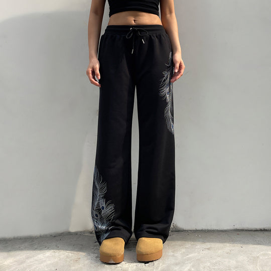 Damen nan weite Loungehose mit Kordelzug, hohem Komfortbund und Pfauenfeder-Print Shop Nory
