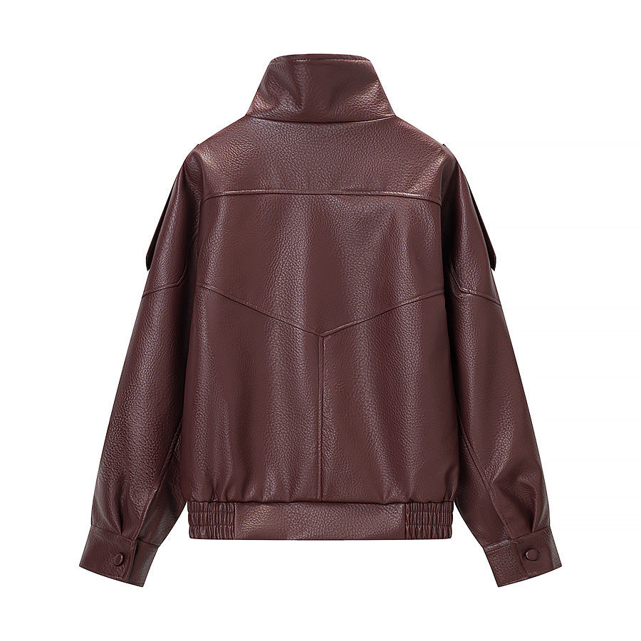 Damen Oversized Kunstlederjacke mit hohem Stehkragen, asymmetrischer Knopfleiste und elastischem Saum Shop Nory