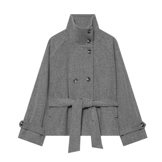 Damen Cape-Übergangsjacke im kurzen Schnitt mit hohem Kragen, doppelter Knopfleiste und Taillenbindegürtel Shop Nory