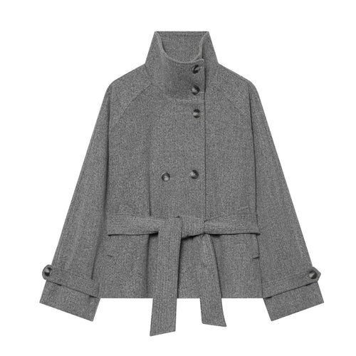 Damen Cape-Übergangsjacke im kurzen Schnitt mit hohem Kragen, doppelter Knopfleiste und Taillenbindegürtel Shop Nory
