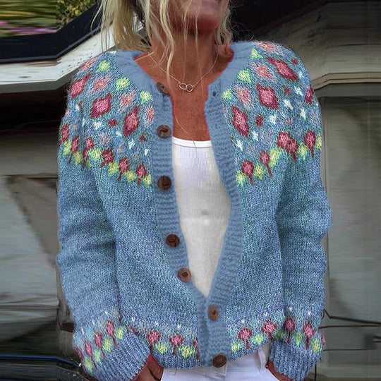 Damen nan gemusterte Strickjacke mit Rundpasse, Holzknöpfen und Eingrifftaschen Shop Nory