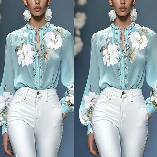 Damen Bluse mit floralem Design und Rüschen Shopnory