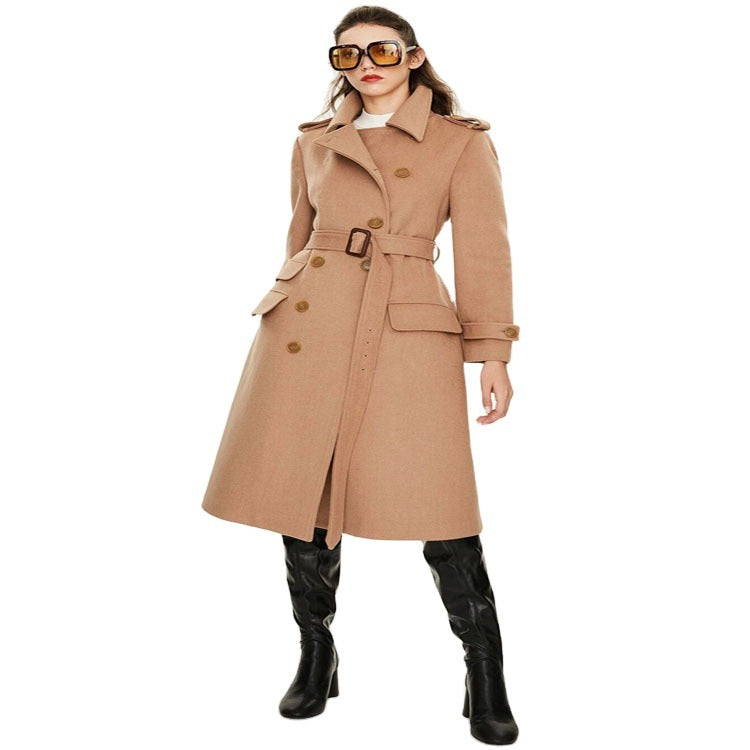 Damen taillierter A‑Linien Trenchcoat aus Woll‑Kaschmirmix mit Taillengürtel und Patten Shop Nory