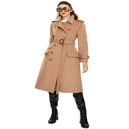 Damen taillierter A‑Linien Trenchcoat aus Woll‑Kaschmirmix mit Taillengürtel und Patten Shop Nory