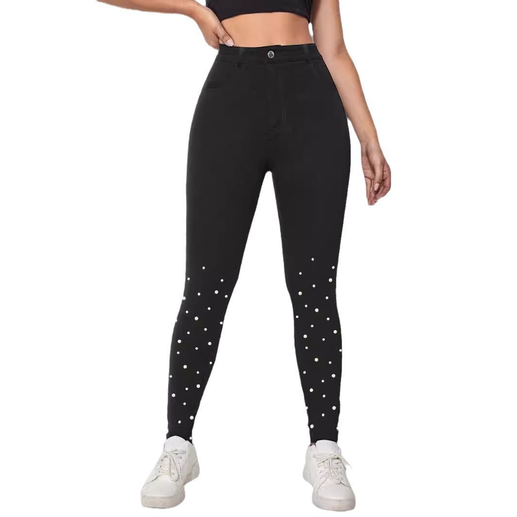 Damen High-Waist Stretch-Jeggings im Denim‑Look mit Perlen-Scatter Shop Nory