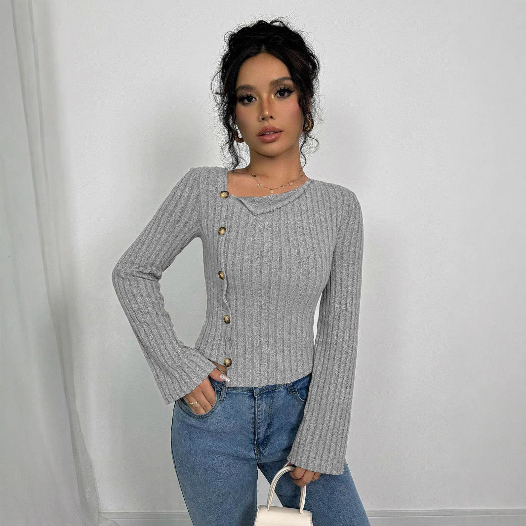Damen asymmetrisches geripptes Strick-Top mit seitlicher Knopfleiste ausgestellten Ärmeln und taillierter Passform Shop Nory