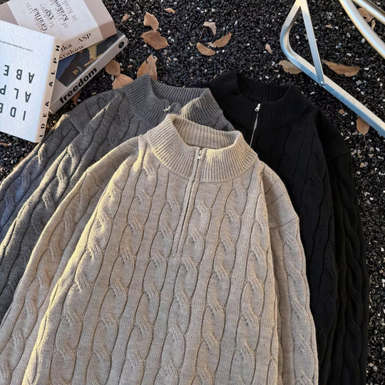 Unisex Oversize-Zopfmuster-Halbzip-Pullover mit extra hohem Rippkragen und schwerer Baumwollmischung Shop Nory