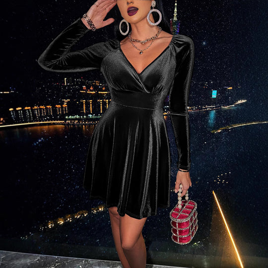 Damen Samt-Wickelkleid mit taillierter Silhouette, V-Ausschnitt und ausgestelltem Rock Shop Nory