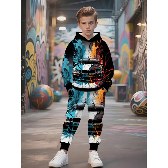Unisex Kinder Jogginganzug mit Kapuzenpullover und detailreichem Auto-Print Shop Nory