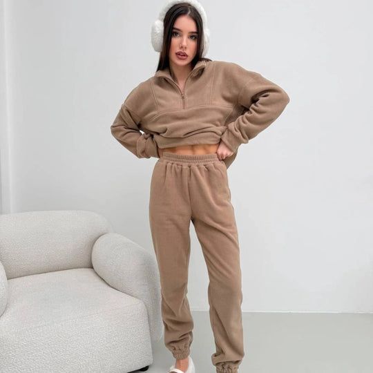 Damen Kuscheliges Fleece-Loungewear-Set mit halbem Reißverschluss und elastischer Jogginghose Shop Nory