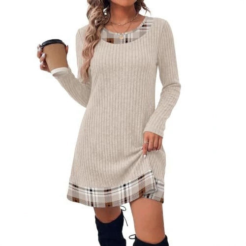 Damen Gerippte Longshirt‑Kleid mit Karierter Saum‑ und Ausschnittblende Shop Nory