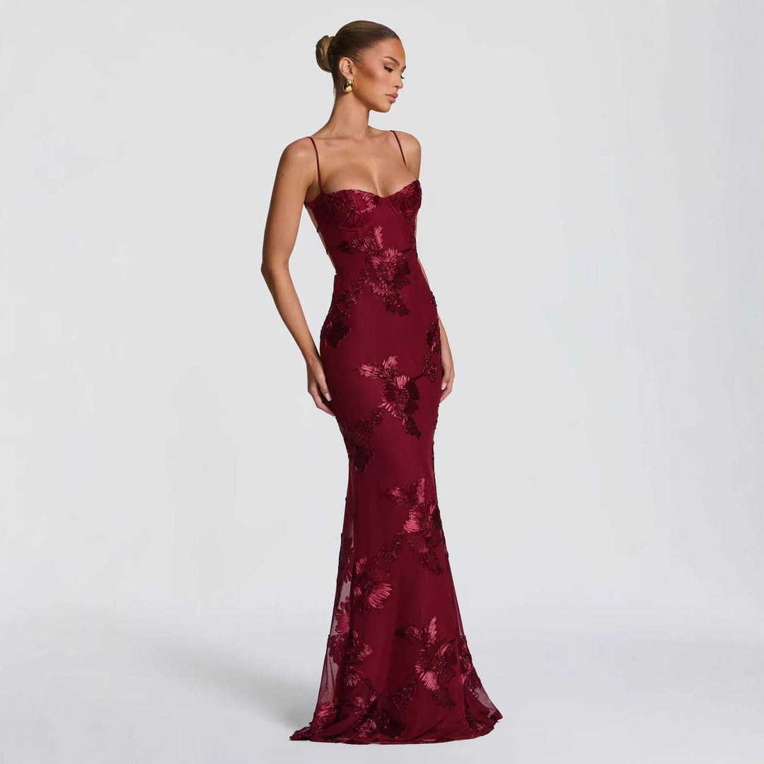 Damen figurbetontes Abendkleid mit floralem Stickdesign und hochwertigem Stoff