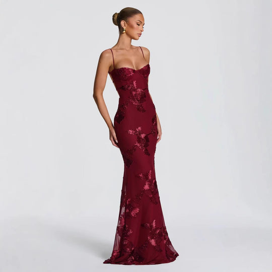Damen figurbetontes Abendkleid mit floralem Stickdesign und hochwertigem Stoff
